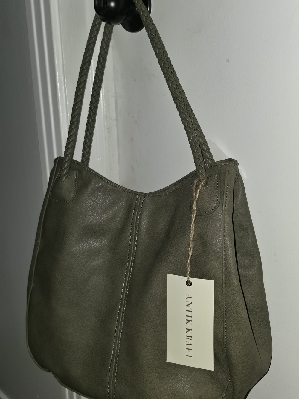 Antik Kraft Olive Green Vegan - Faux Leather Tote Shoulder Bag, Braided Straps